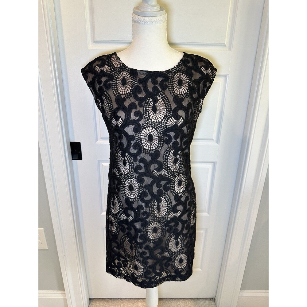 LOFT Black Nude Lace Shift Dress 00P Petite Mini Cocktail Wedding Guest LBD